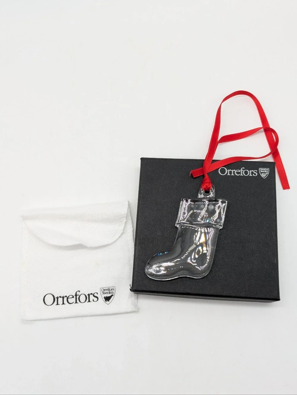 Vintage Orrefors Clear Crystal 2002 Annual Christmas Stocking Ornament